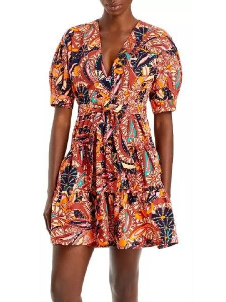 A.L.C. Carey Dress Size 0 Nwt Abstract Print Tie Waist Puff Sleeve Mini Dress